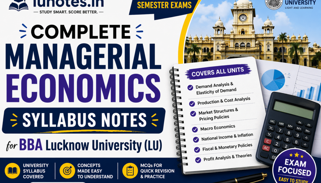Managerial Economics syllabus notes for BBA Lucknow University covering demand analysis, elasticity of demand, production and cost analysis, market structures, pricing policies, macro economics, inflation, national income and profit theories