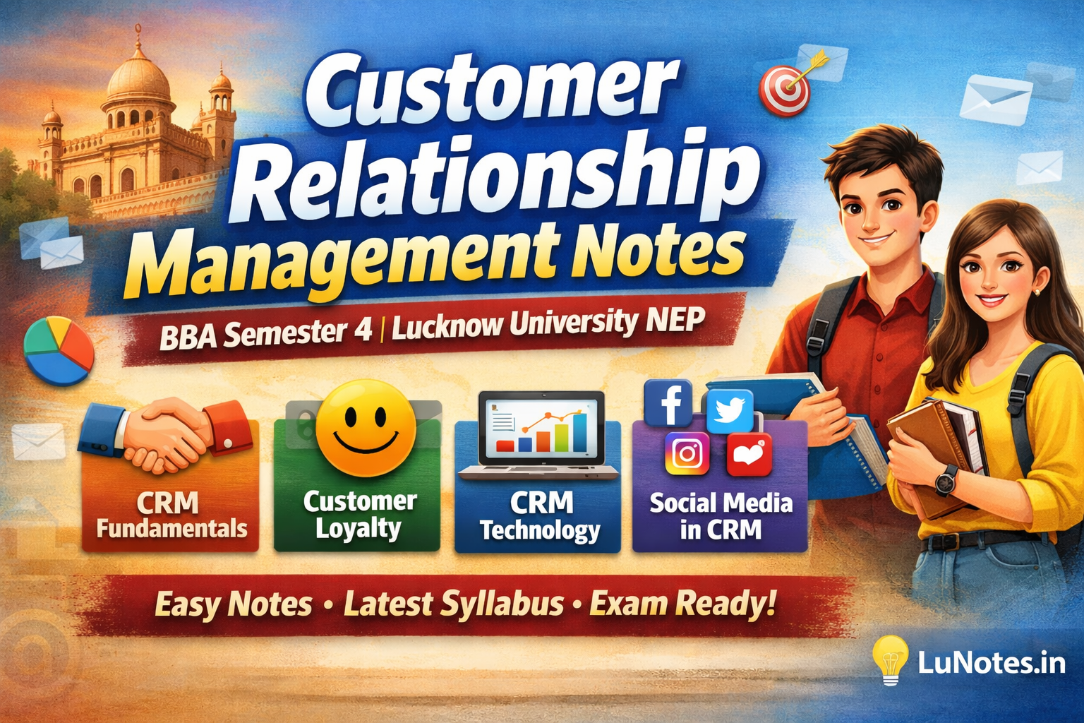 Customer Relationship Management Notes thumbnail for BBA Semester 4 Lucknow University NEP showing CRM fundamentals, customer loyalty, technology, and LuNotes branding